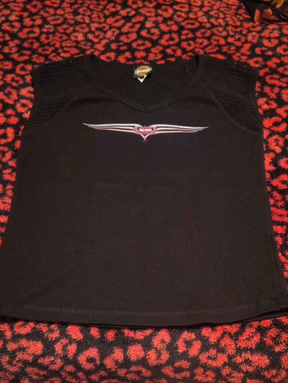 Harley-Davidson Black Sleeveless Top with Pink Heart and Wing Graphic